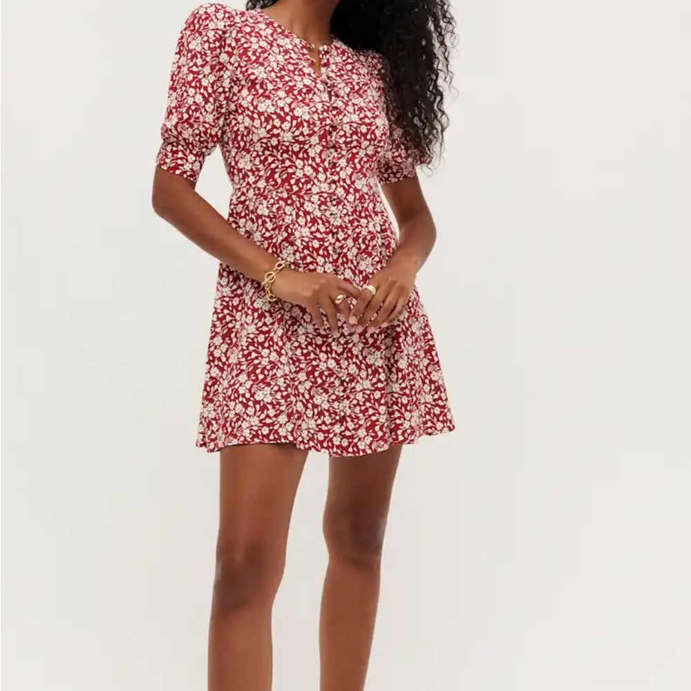 Reformation Red and White Floral Puff Sleeve Mini Sundress